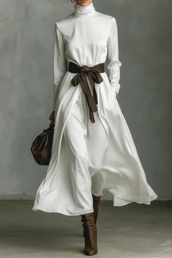 Elegant Lace Up Pleated Turtleneck Long Sleeve Maxi Dress