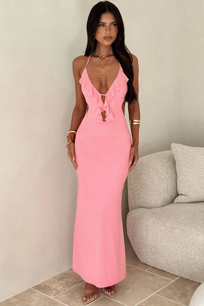 Hollow Out Backless Off-Shoulder V Neck Sleeveless Bodycon Maxi Dress