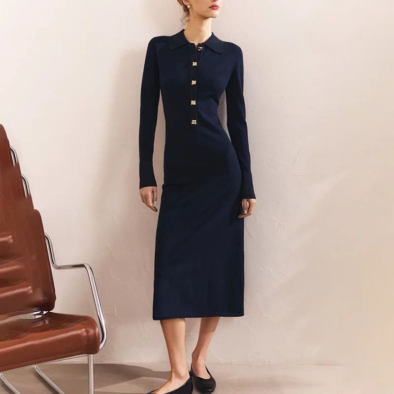 Button Lapel Collar High Waisted Long Sleeve Midi Dress