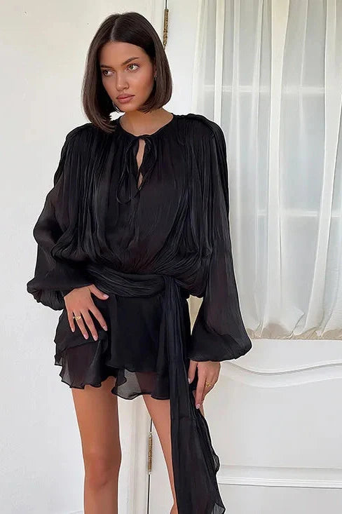 Elegant Long Sleeve High Waist Lace-Up Mini Dress