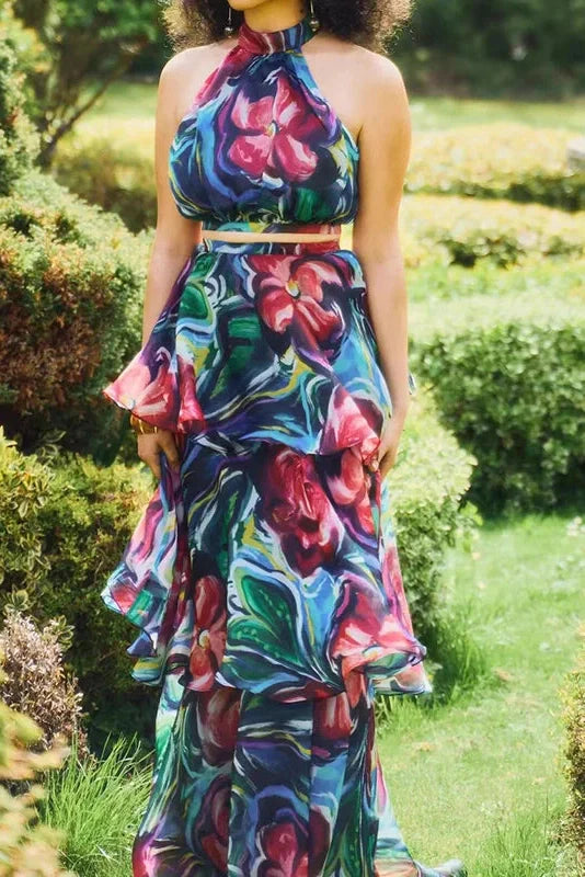 Elegant Slim Printed Sleeveless High Waist Maxi Dress