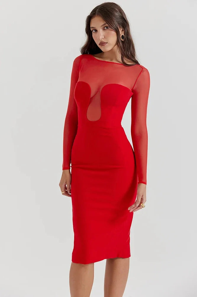 Elegant Long Sleeve Strapless Backless Split Bodycon Midi Dress