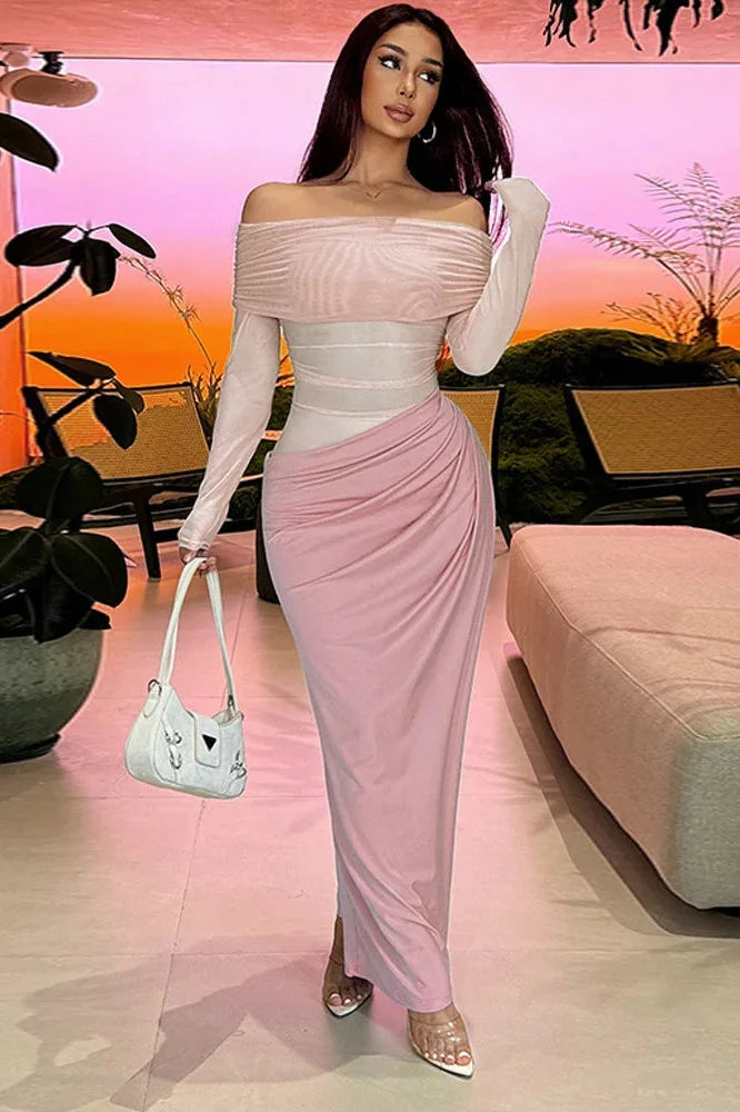 See-Through Patchwork Off-Shoulder Long Sleeve Maxi Dress
