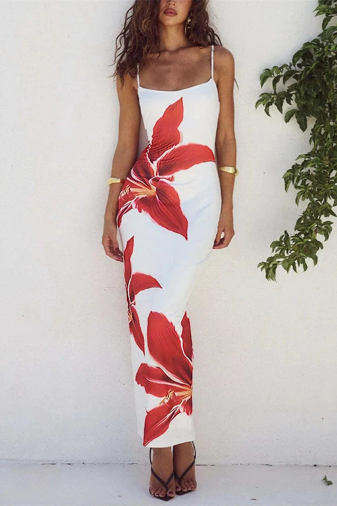 Printed Slim High Waist Spaghetti Straps Patchwork Maxi Dress