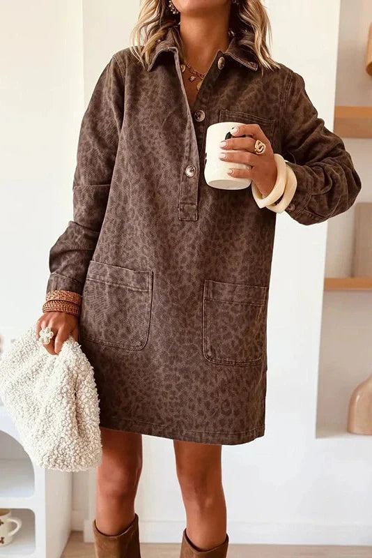Elegant Long Sleeve Pocket High Waist Loose Printed Mini Dress
