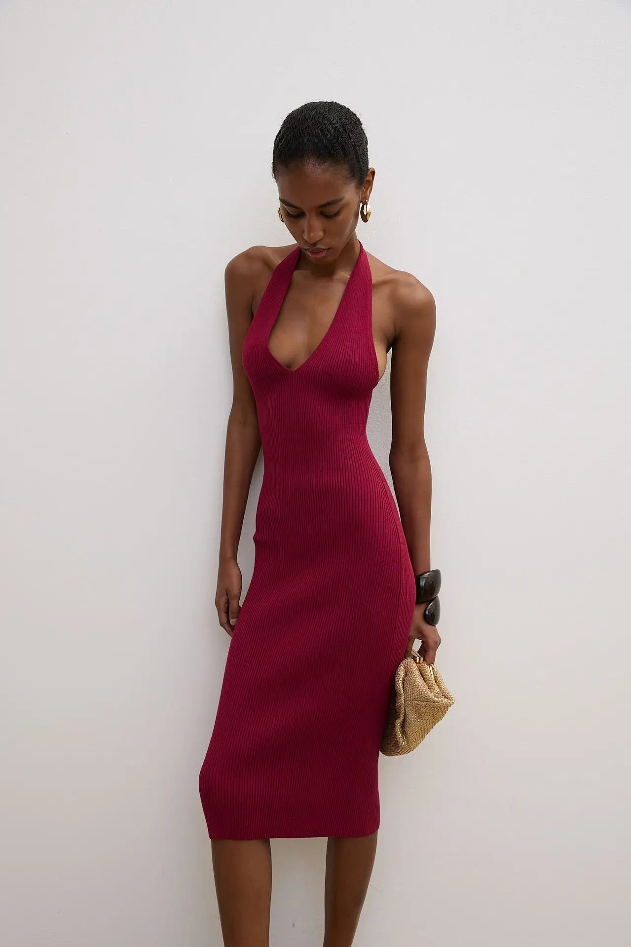 Knitted V-Neck Sleeveless Slim Midi Dress