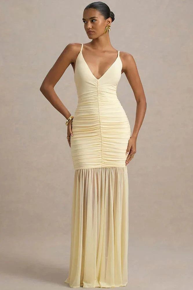Spaghetti Strap Backless Patchwork V Neck Pleated Maxi Dress
