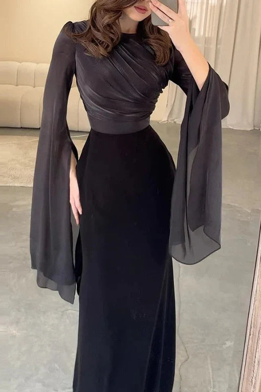 Elegant Flare Sleeve Bodycon Slim O Neck Maxi Dress