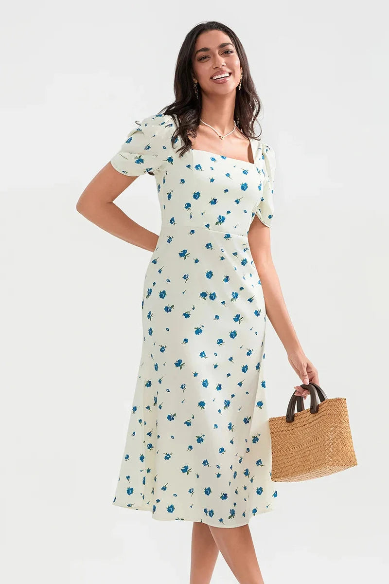 Short Sleeve Floral Print A-Line Midi Dress