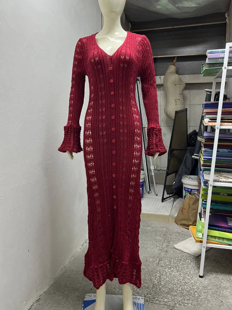 Hollow Knitted Long Sleeve Maxi Dress