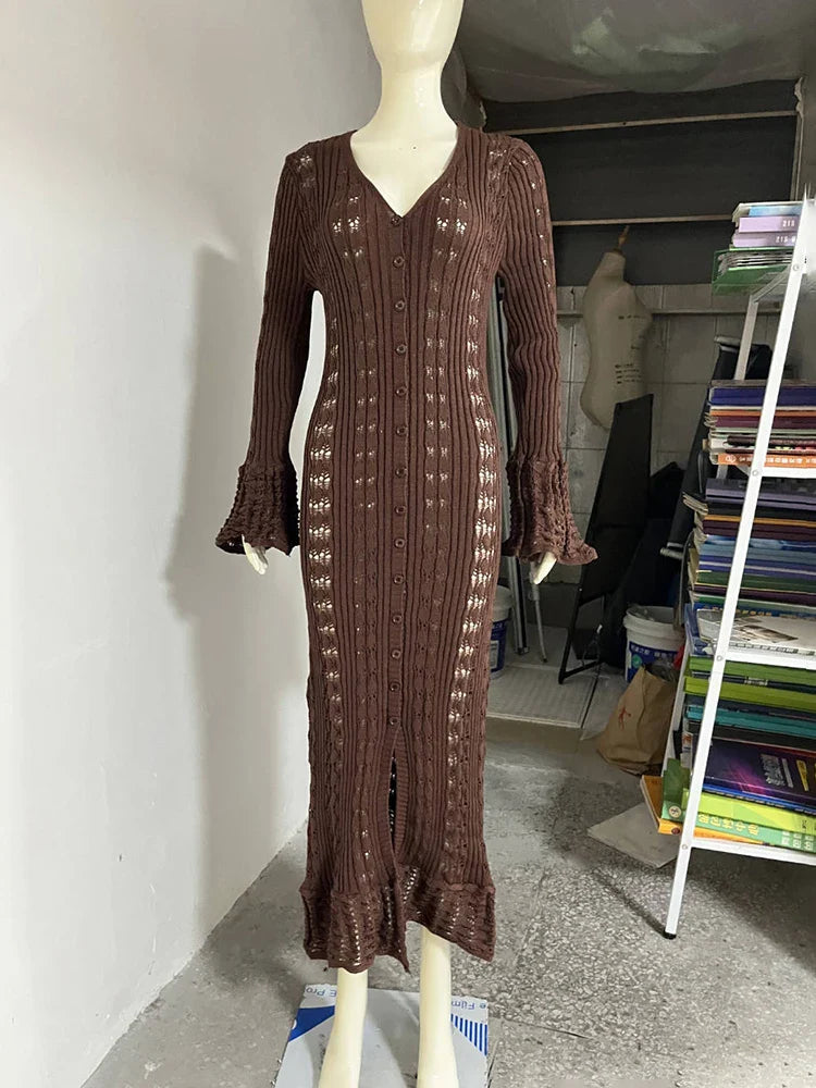 Hollow Knitted Long Sleeve Maxi Dress
