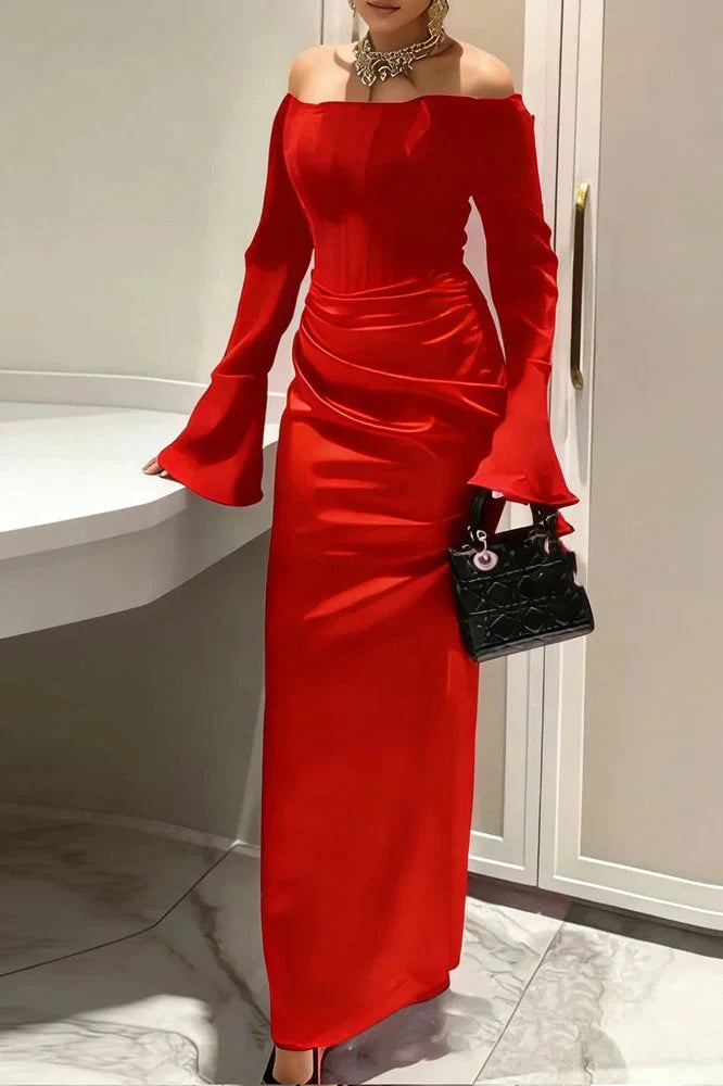 Elegant Off-Shoulder High Waist Pleated Maxi Dress