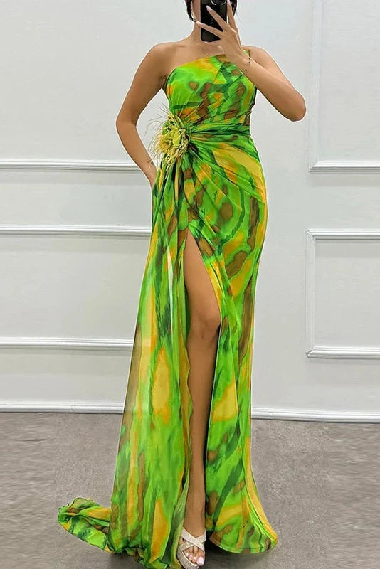 Sleeveless Backless High Split Printed One Shoulder Maxi Dress