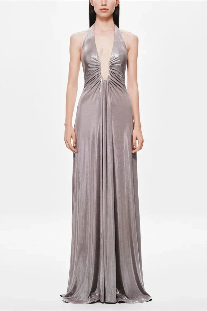 V-Neck High Waist Backless Slim Pleated Maxi Dress