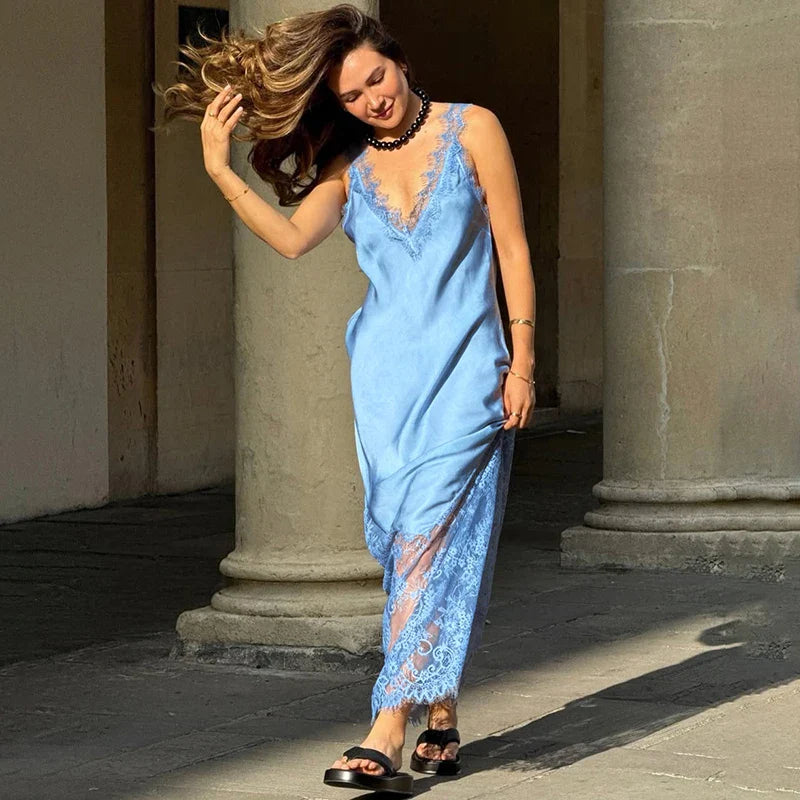 Spaghetti Strap Lace Backless Slim Maxi Dress