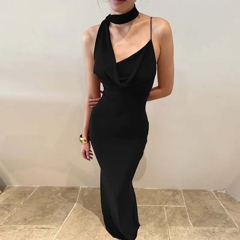 V Neck Backless Scarf Ribbon Patchwork Sleeveless Maxi Dress