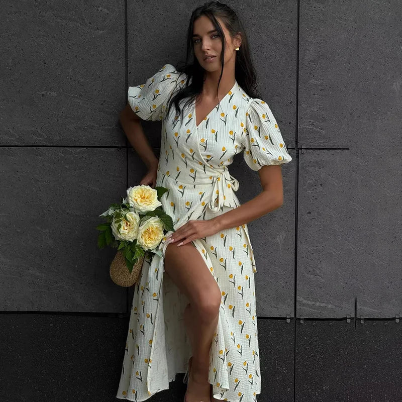 Printed V Neck High Waist Lace Up Midi Dress