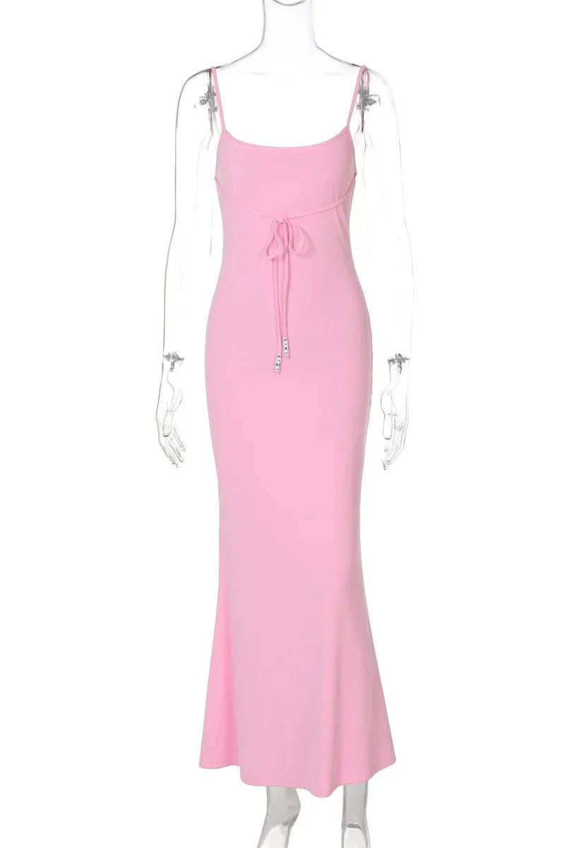 Spaghetti Strap Backless Slim Sleeveless High Waist Midi Dress