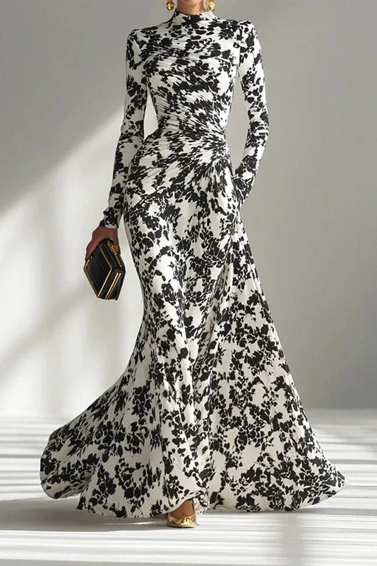 Long Sleeve Slim Pleated High Waist Printed Maxi Dress