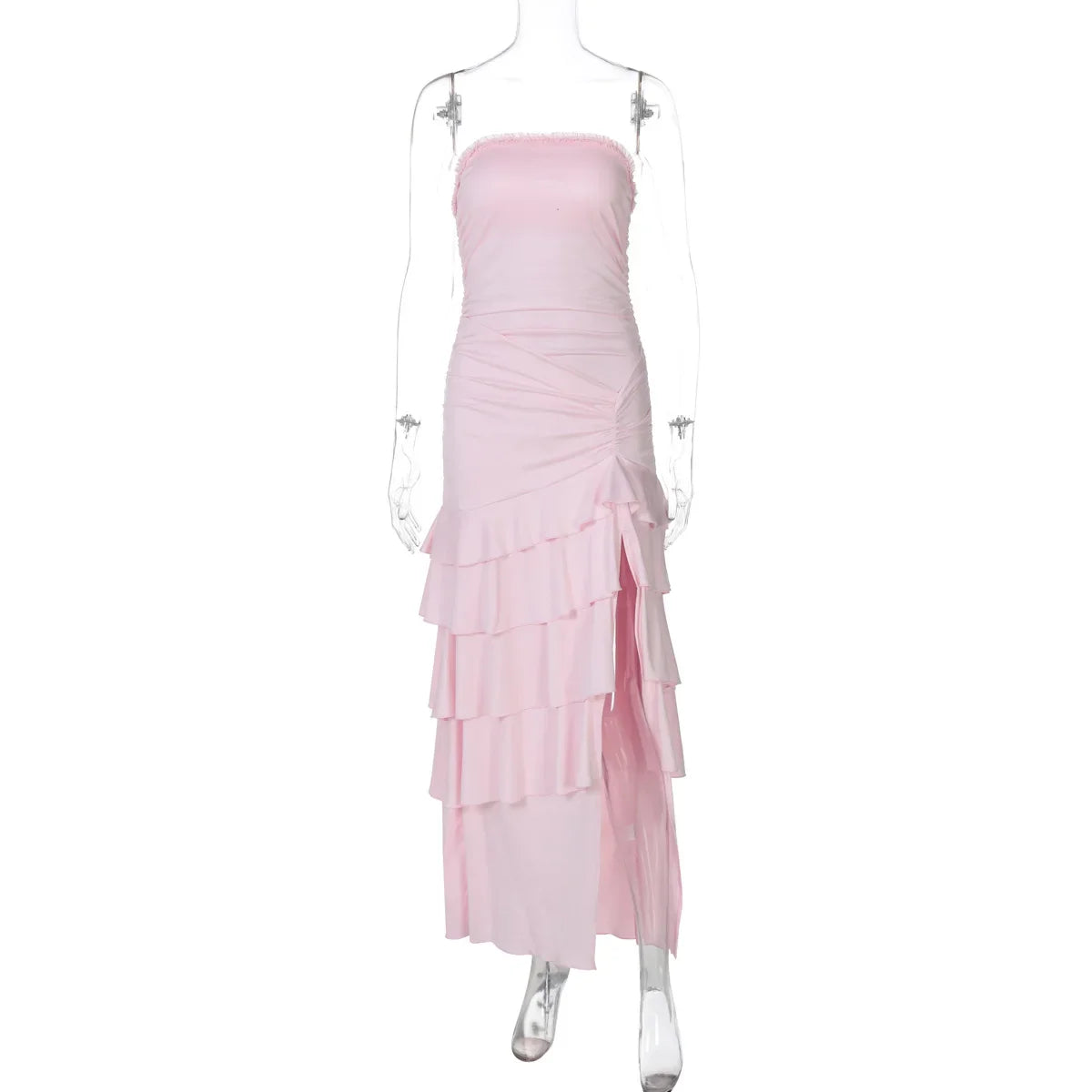 Strapless Off Shoulder Pleated Patchwork Maxi Dress