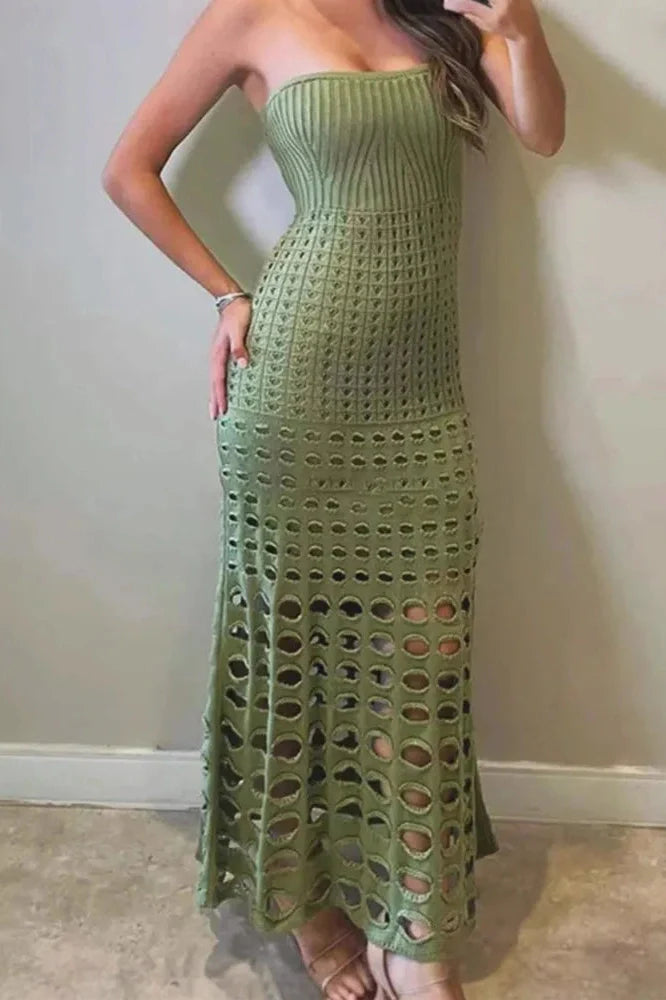 Hollow Out Strapless Off-Shoulder Knit Sleeveless Backless Maxi Dress