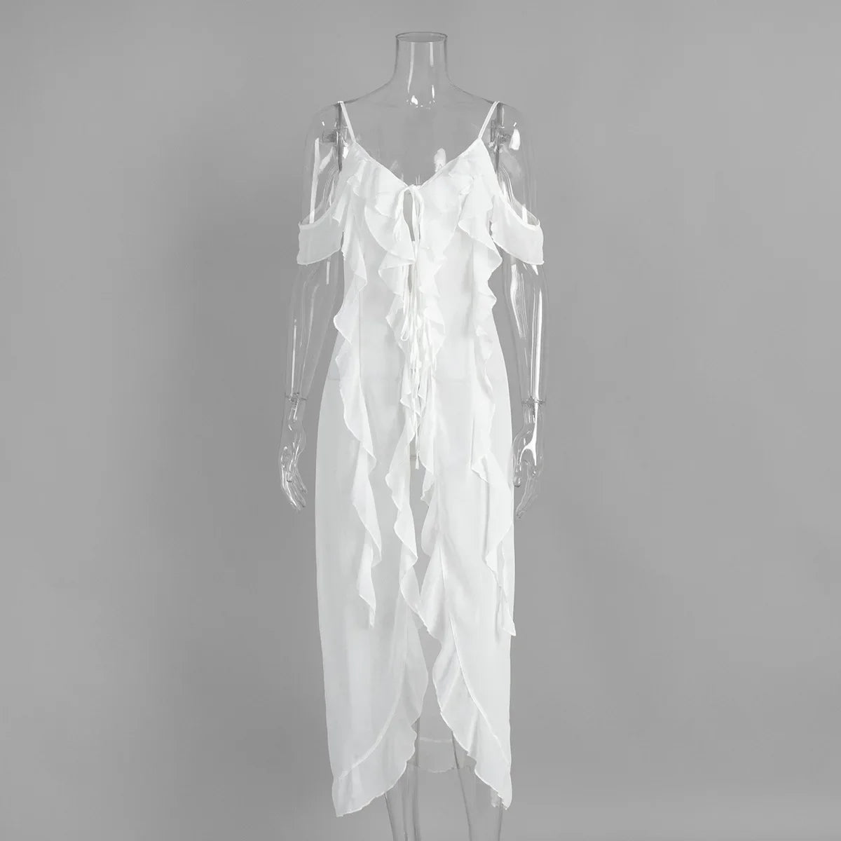 V Neck See-Through Sleeveless Irregular Midi Dress