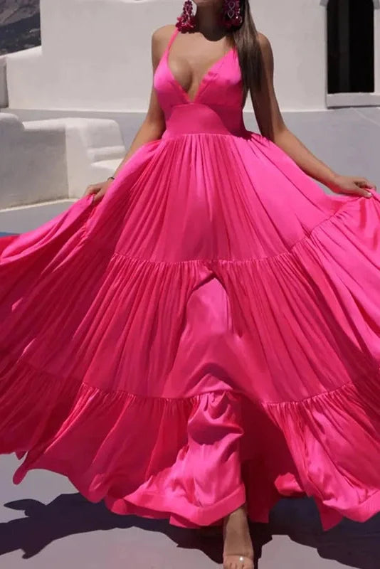 Pleated V-Neck Sleeveless High Waist Maxi Dress