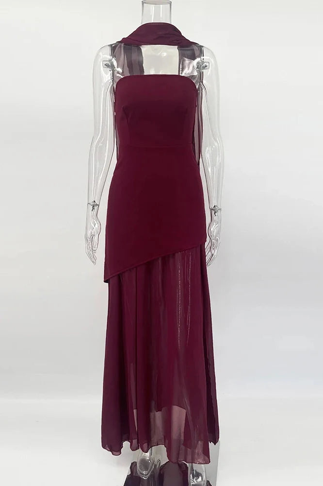 Elegant Strapless Sleeveless Mesh Maxi Dress