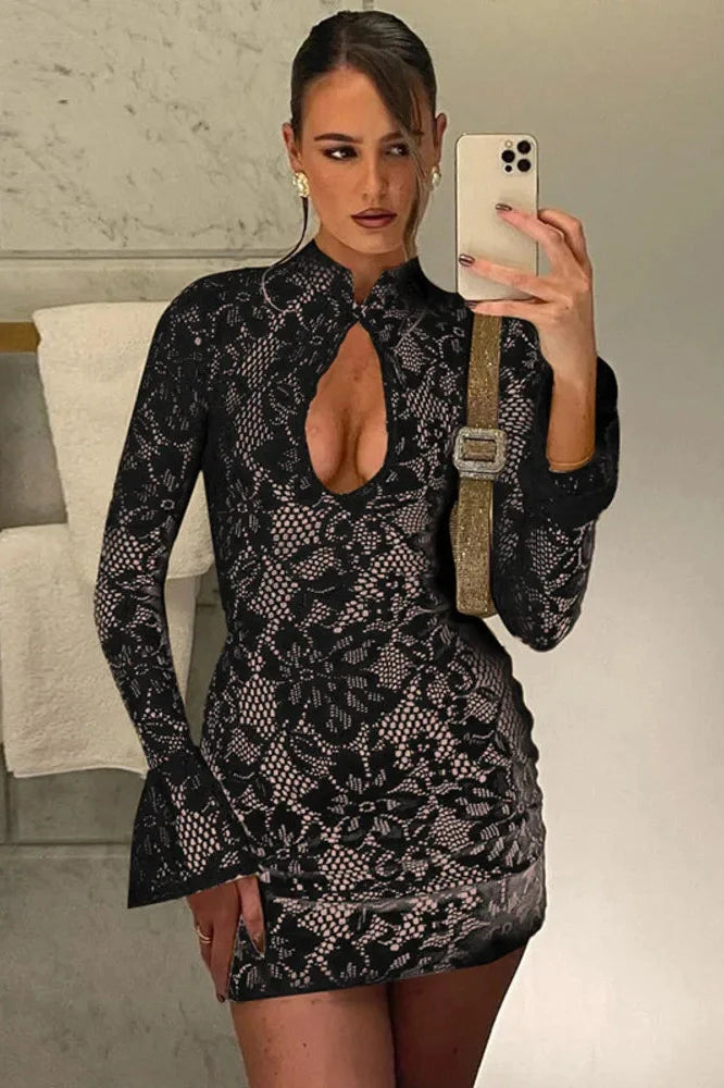 Lace Hollow Out Long Sleeve Bodycon Mini Dress