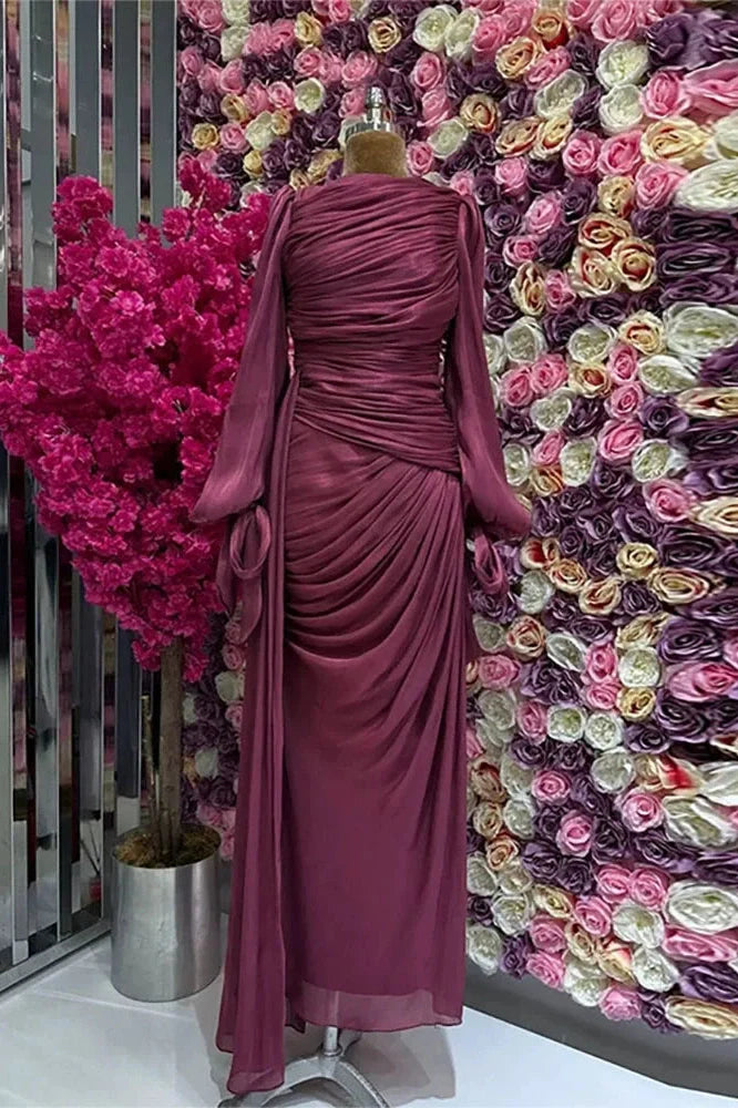 Elegant Long Sleeve High Waist Pleated Slim Maxi Dress