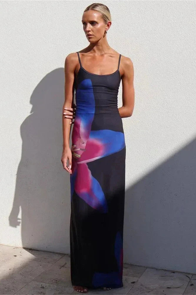Spaghetti Strap Printed Backless Bodycon Maxi Dress
