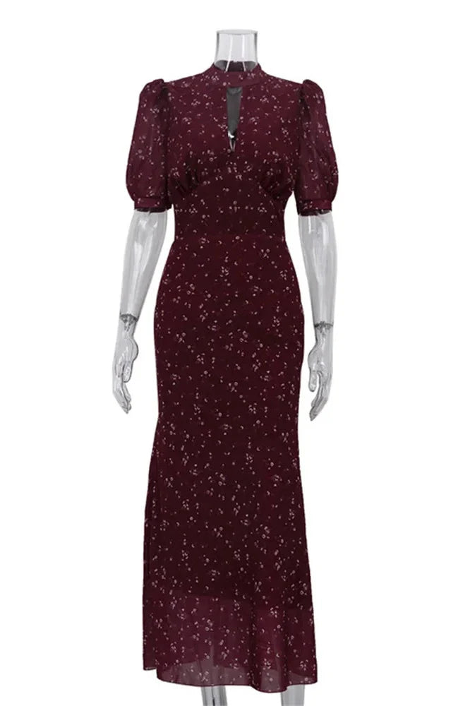 Printed V-Neck Short Sleeve High Waist Maxi Dress