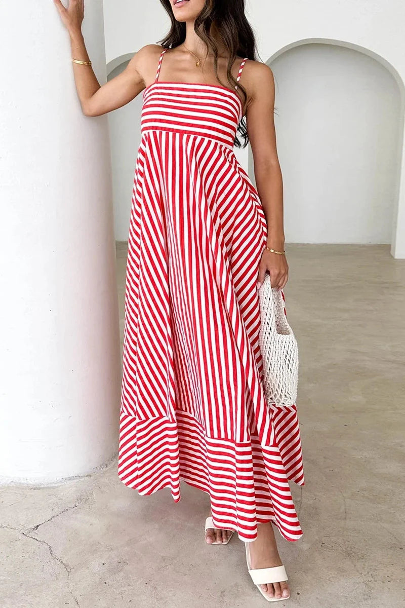 Printed Spaghetti Strap Backless A-Line Maxi Dress