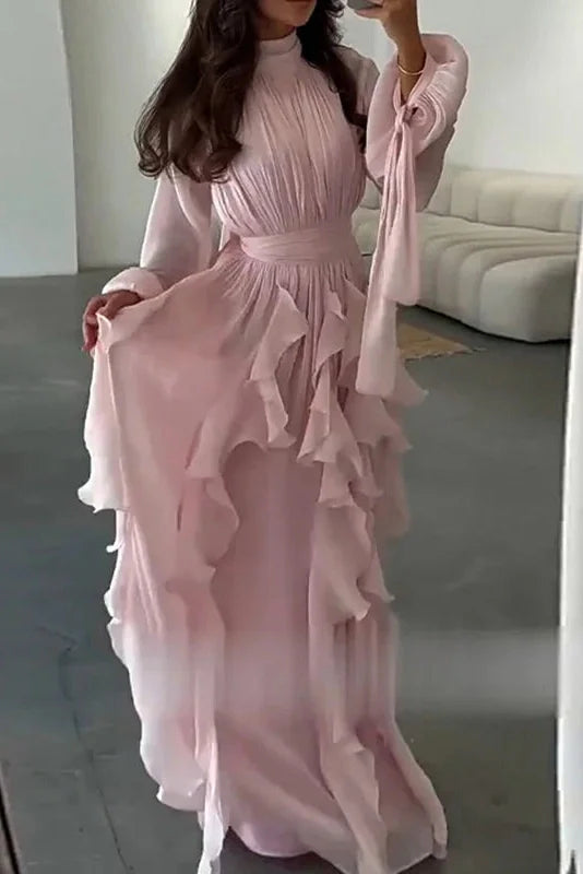 Elegant Pleated High Collar Long Sleeve High Waist Maxi Dress