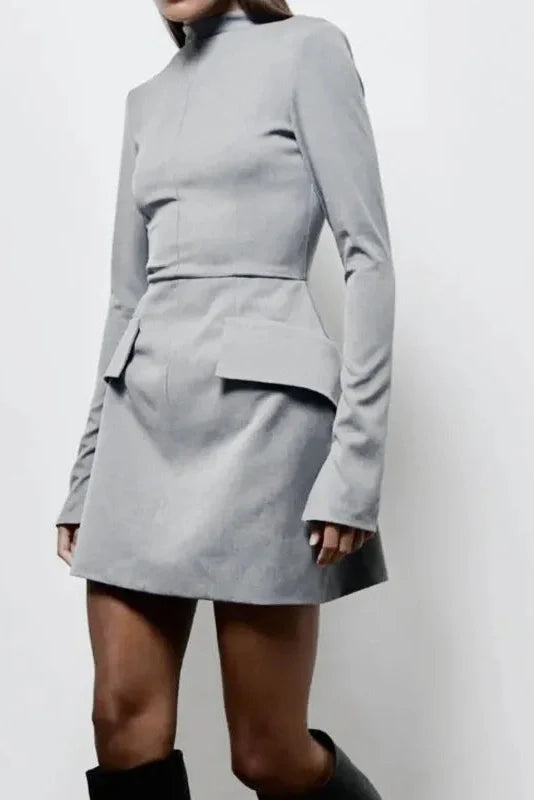 Elegant Slim Two Pocket Long Sleeve A-Line Mini Dress