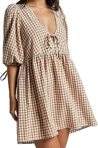 Short Sleeve V Neck Plaid Mini Dress