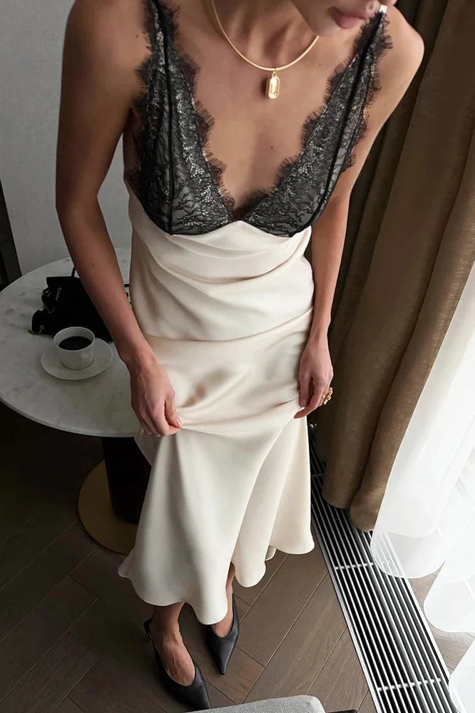 Spaghetti Strap Lace Patchwork Deep V Neck Sleeveless Split Maxi Dress