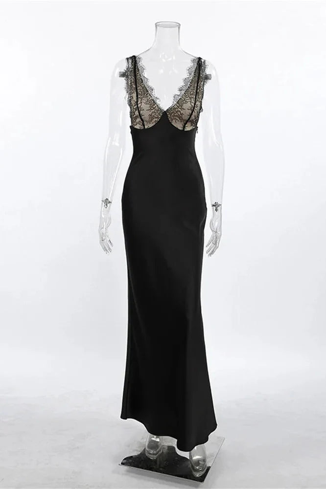 Lace V-Neck Printed Patchwork Slim Maxi Dress