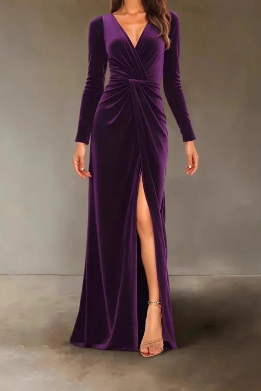 V-Neck Slim High Waist Pleated A-Line Maxi Dress