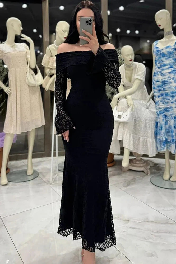 Slash Collar Lace Embroidery High Waist Maxi Dress