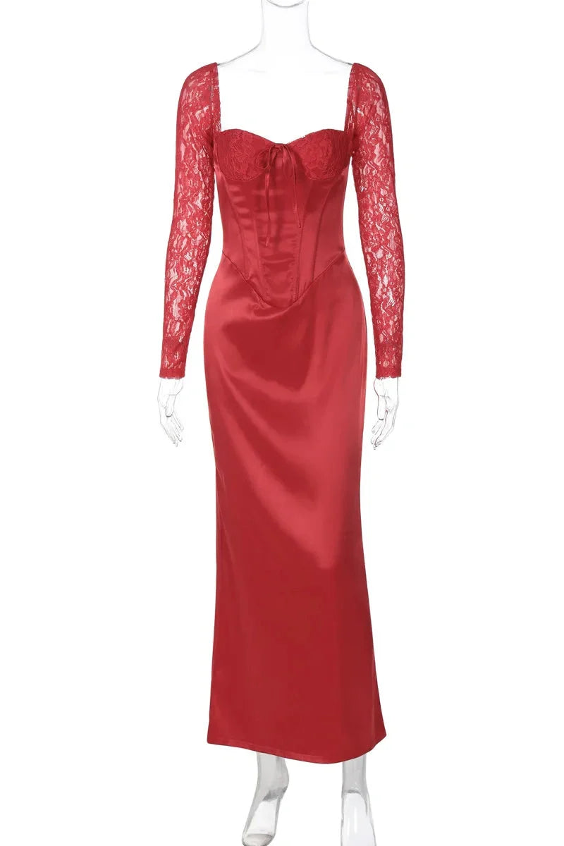 Elegant Slim Lace Long Sleeve Lace Up Maxi Dress