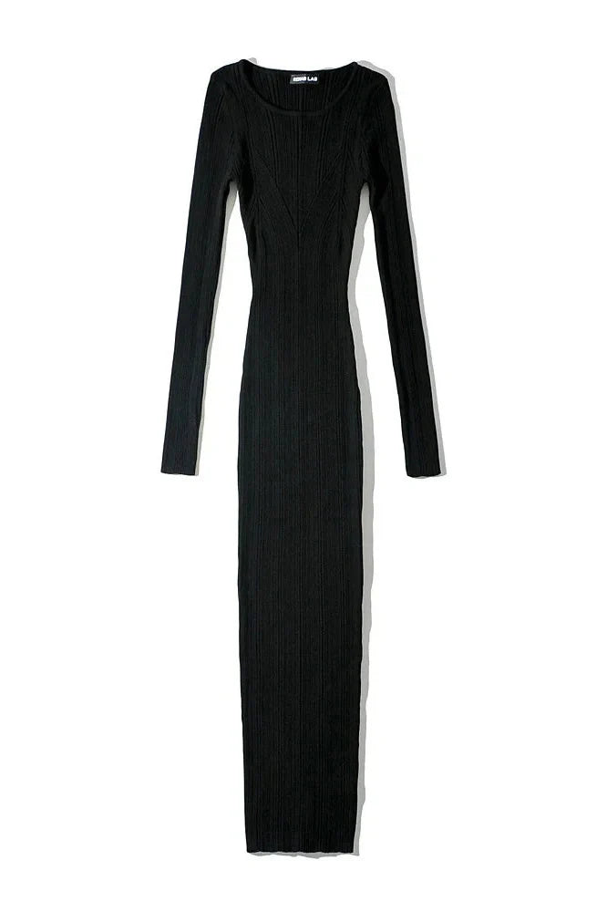 Long Sleeve Slim High Waist Patchwork Midi Dress