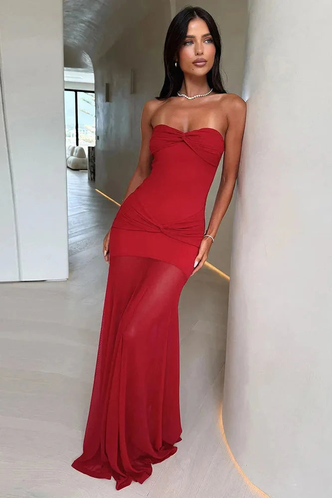 Strapless Sleeveless Mesh See Through Backless Slim Maxi Dress