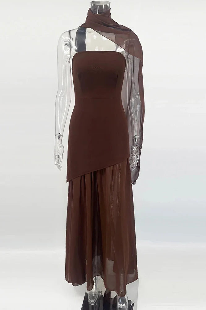 Elegant Strapless Slit Sleeveless Mesh Maxi Dress