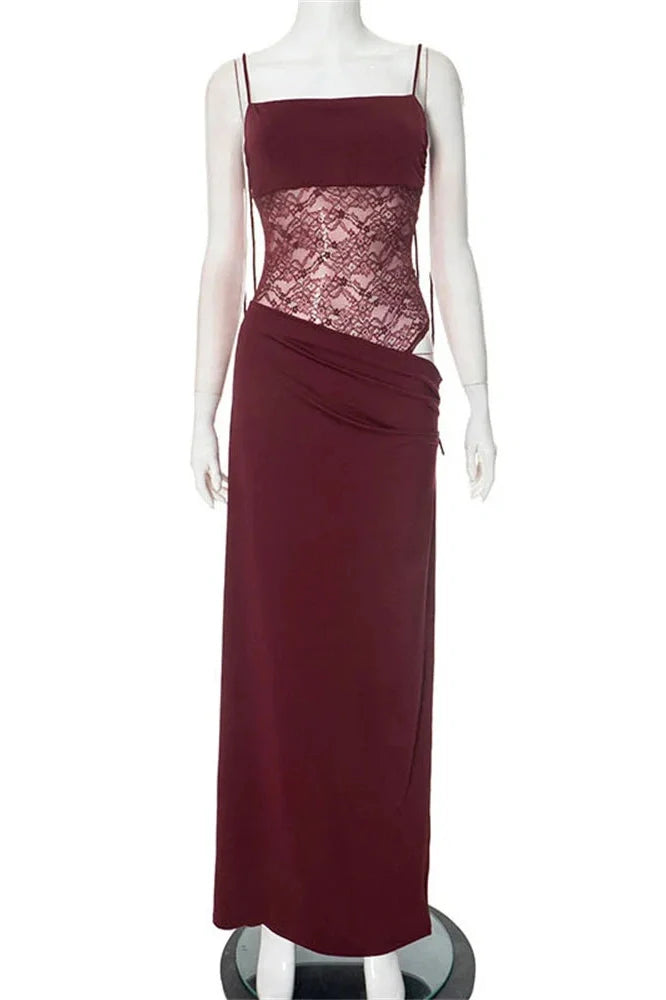 Lace Printed Backless Slim High Waist Patchwork Maxi Dress