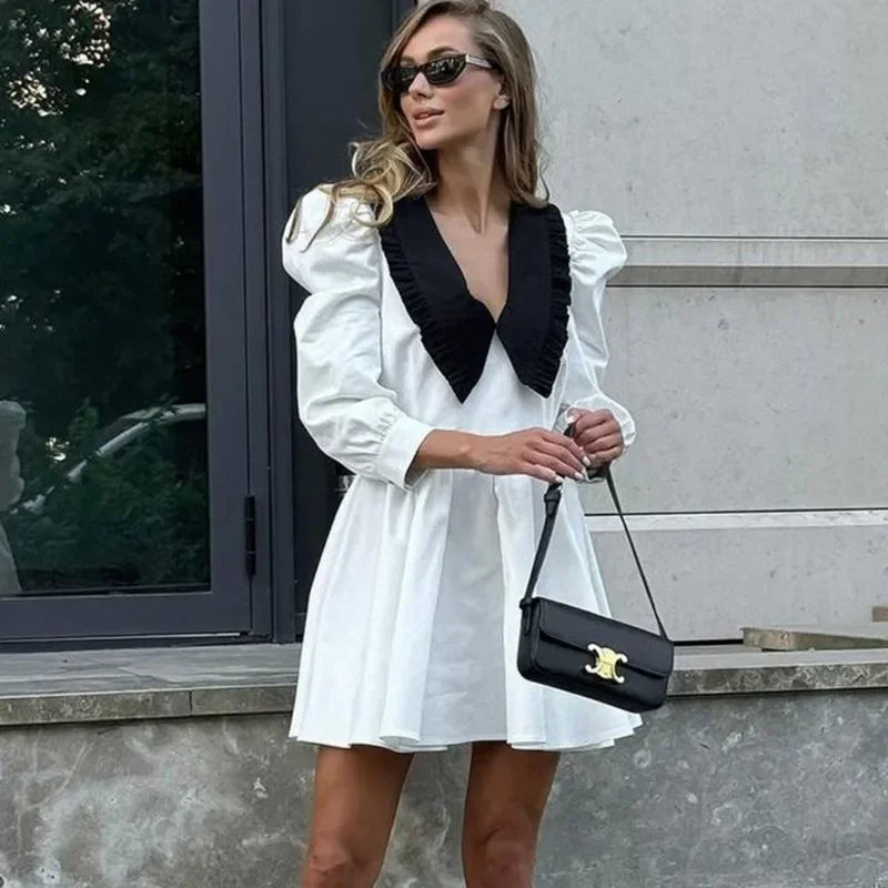 Patchwork Long Sleeve Pleated Mini Dress