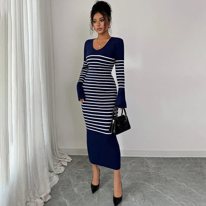 Striped Knitted V-Neck Long Sleeve Midi Dress