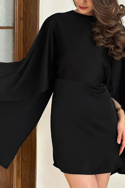 Pleated O-Neck Slit Sleeve High Waist Slim Mini Dress