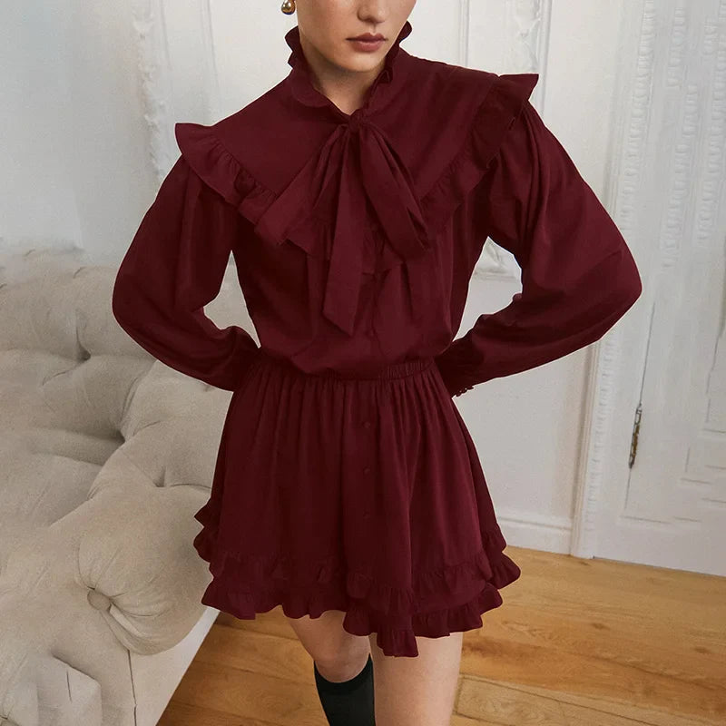 Lace Up Button Patchwork Elegant Mini Dress