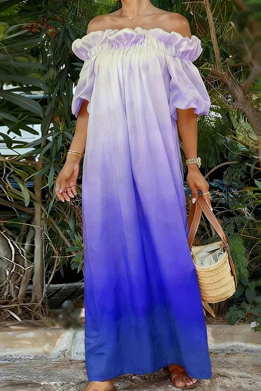 Off-Shoulder Pleated Loose Slash Collar Printed Maxi Dress